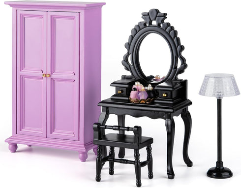 Minamzee 5Pcs 1:12 Set, Dollhouse Wardrobe Furniture Miniature Purple Openable Wardrobe, Dresser with Stool, Floor Lamp