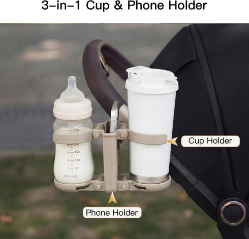 3 1 360 Gromast in Foldable Stroller Cup Holder with Phone Holder, Rotatable Bottle Holder, Universal Cup Holder