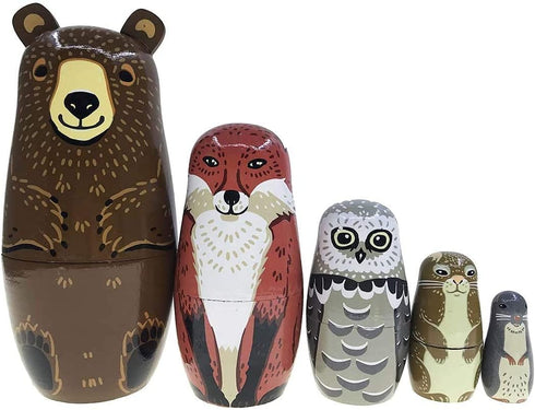 Kakeah Set 5 Nesting Dolls-Brown Cartoon Owl Bear Fox Raccoon Russian Nesting Dolls Wooden Matryoshka Doll Handmade