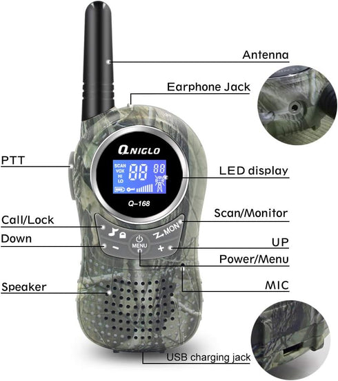 QNIGLO Kids Camping Walkie Talkies, Rechargeable Camo for Outdoor Adventure Game, Hiking, Army Police Toys for Ages 3-12