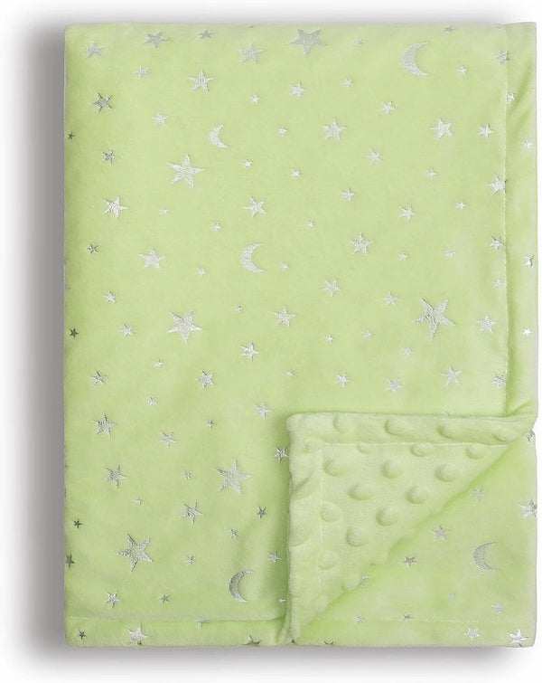 Soft Minky Baby Blanket for Boys Girls, Star and Moon Printed 30 x 40 Inch Receiving Blanket (Green)