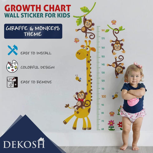 DEKOSH Giraffe & Monkeys Kids Height Wall Chart - Peel & Stick Nursery Wall Decals for Baby Bedroom