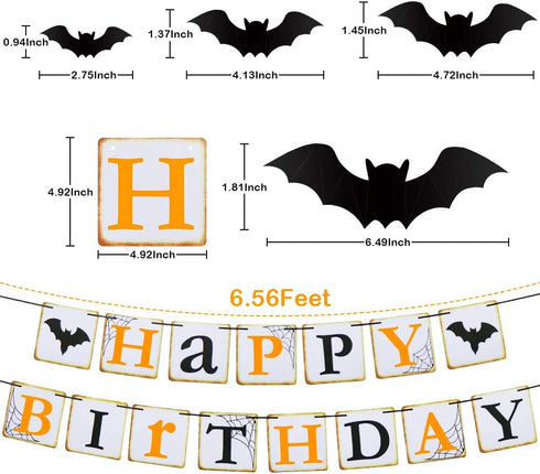 Halloween Party Decorations - Orange Black Latex Balloons, Happy Birthday Banner, 32pcs Black Vampire Bats