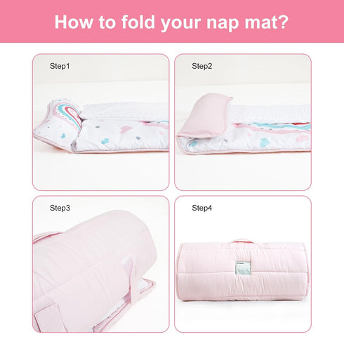PHF Toddler Nap Mat with Removable Pillow and Minky Fleece Blanket, 50"x20"x2" Rollup Design for Kids