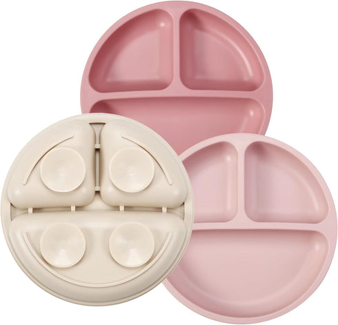 PandaEar 3 Pack Toddler Plates, Silicone Divided Suction Plates, BPA-Free 100% Food-Grade Silicone (Pink/Linen/Light
