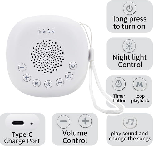 20 White Noise Machine for Baby Car Rides - Soothing Sounds, USB-C Rechargeable, Night Light for Strollers, Cribs