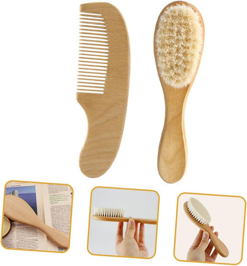 Set Natural Wool Brush Newborn Hair Brush Comb Wooden Comb Hair Care Grooming Kit Baby Shower Present