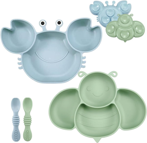 PandaEar 2 Pack Silicone Suction Plates for Baby, Divided Toddler Plate with 2 Spoons for Self Feeding (Crab & Bee -