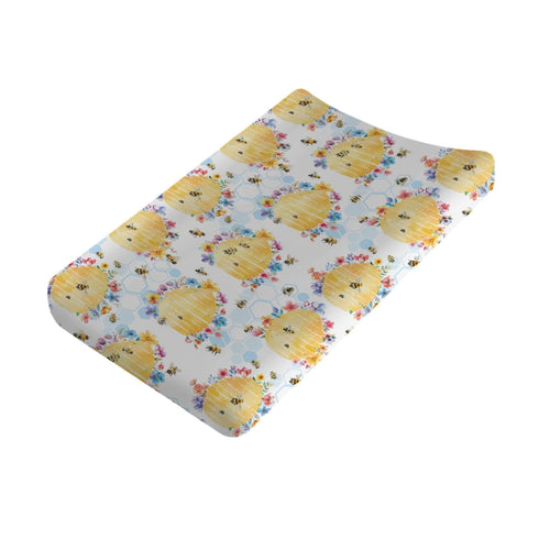 Watercolor Bees Floral Changing Pad Covers, Honeycomb Diaper Sheets for Boy Girl, 32''x16'', Ultra Soft Breathable