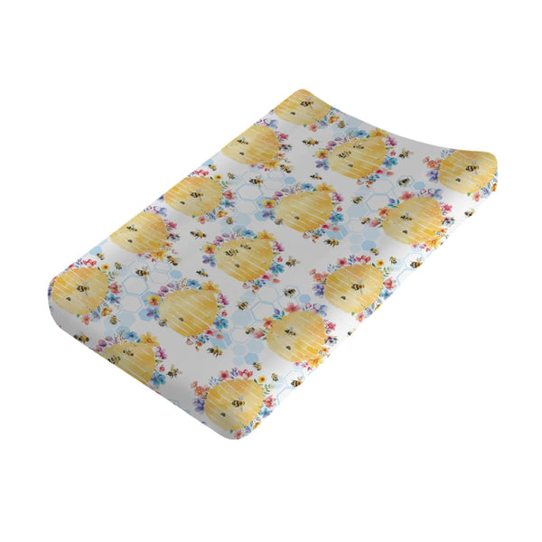 Watercolor Bees Floral Changing Pad Covers, Honeycomb Diaper Sheets for Boy Girl, 32''x16'', Ultra Soft Breathable