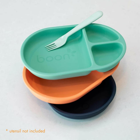Boon Chow Silicone Plate Set, 3 Unbreakable Divided Toddler Plates, Baby Plates for 6 Months and Up