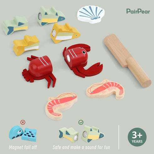 Set 3 PairPear Wooden Play Food Cutting Seafood - Toddlers Wooden Toy Food Pretend Play Kitchen Accessories for Years