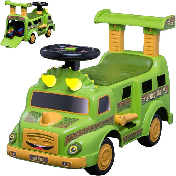 WADDLE Dinosaur Ride On Cars for Toddlers 1-3 - Dino Rig Transporter with 2 Monster Rigs, Lights, and Sound