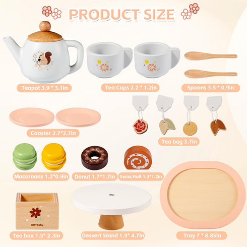OMYbaby Set 19pcs Playset Playset 3Y+ Wooden Tea for Little Girls, Party With Teapot, Cups, Dessert Stand, Macaroons