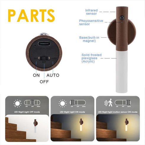 2-Pack Set, LANDGOO Magnetic Night Light with Motion Sensor, Walnut Wood Cylindrical Rechargeable LED Lamp White Light