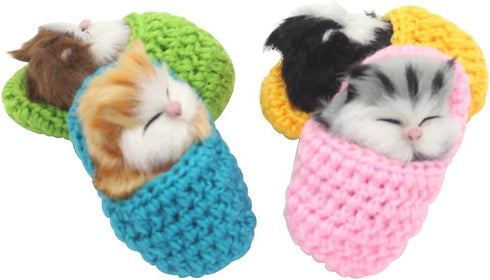 4Pcs Mini Kitten in Shoe Doll Toy, Sleeping Cat in Slipper with Meows Sounds Decor Hand Toy Gift for Kids
