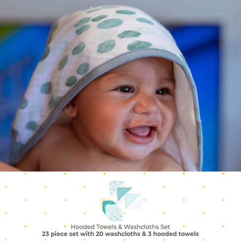 Set 23-Piece Set, Spasilk Bath Hooded Towels & Washcloths for Babies, Gift Green Dots