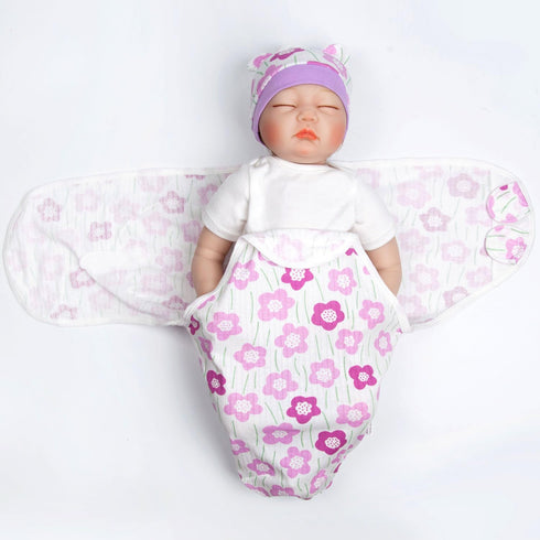 17-22 Inch 2 Reborn Baby Doll Swaddle Blanket Girl Purple Flowers Wrap Blanket Pcs - Swaddle Blanket + Hat, Reborn