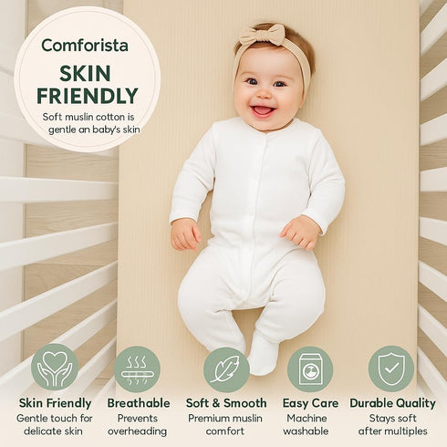 Set 2 52x28x9 Crib Mattress Sheet of Green & Beige, Premium Muslin Cotton, Fitted Crib Sheets Snugly, Breathable & Soft