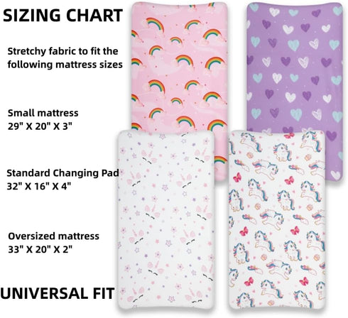 Jola's House 4 Pack Set Soft Baby Girl Changing Pad Cover Sheets for Chaning Pad Unicron Rainbow Heart Cute Neutral