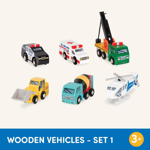 6 Set 3+ Set 1 Battat Wood Cars for Kids Pieces Toy Vehicle Mini Rescue & Construction Vehicles Toddler Truck Toys
