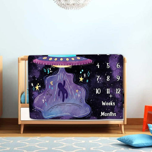 Space Baby Monthly Milestone Blanket, UFO Astronaut Growth Chart Blanket, 48x40 Inch Memory Swaddling Blanket BTLSLY259
