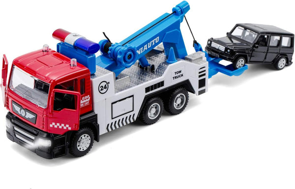 haomsj Toy Tow Truck - Pull Back Miniature Carrier Truck for Boys and Girls with Lights and Sound