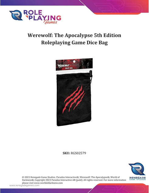 Werewolf: The Apocalypse 5th Edition Roleplaying Game Dice Bag - RPG Accessory to Protect, Hold & Transport Dice