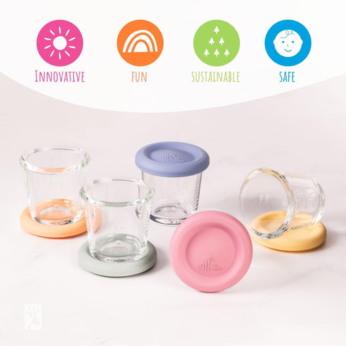 4oz Set 6 Elk and Friends Borosilicate Glass Baby Food Storage Jars with Silicone Lid | Strong Glass | of | Microwave