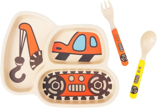 Kid Plate Set, Bamboo Toddler Dinnerware, Spill Proof Divided Plate with Baby Spoon and Fork, 3-Piece Set