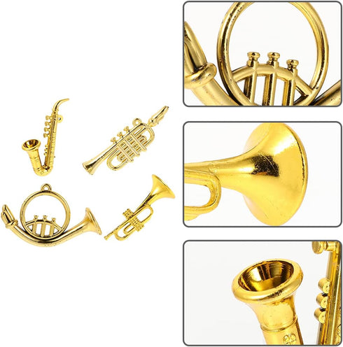 Balacoo 4Pcs Mini Plastic Musical Instrument Dollhouse Model, Gold Trumpet Saxophone Miniature Christmas Tree Decor
