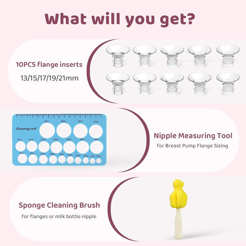 Flange Sizing Kit with 10PCS Flange Inserts 13/15/17/19/21mm, Nipple Measurement Tool Ruler, Cleaning Brush, Silicone Flange Insert Kit for 24mm Most Pumps, Pumping Breastfeeding Essentials