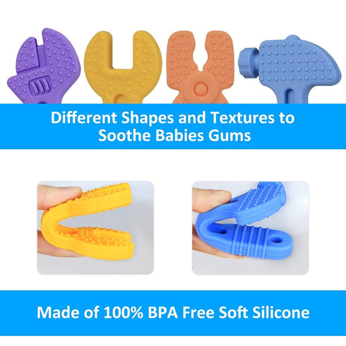 HAILI Baby Teething Toys, BPA Free Silicone Molar Teether for 0-6 Months, Hammer Wrench Shape, Blue Baby Boy Toy