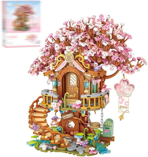 Japanese Sakura Tree House Building Blocks Set, Pink Cherry Tree Bonsai Creative