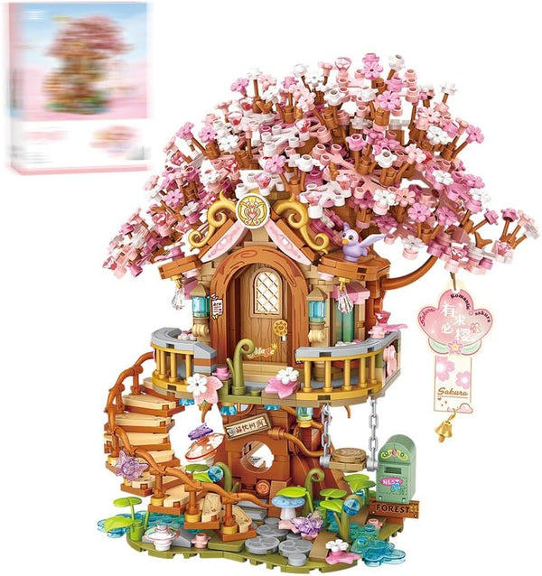 Japanese Sakura Tree House Building Blocks Set, Pink Cherry Tree Bonsai Creative