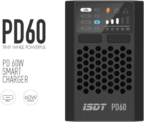 ISDT PD60S XT60 Connector Battery Balance Charger, 60W 6A, Type-C Input for 1-4S Lipo, Life, LiIon, LiHv