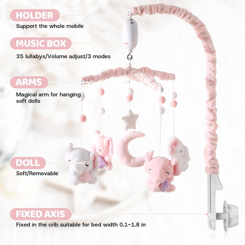 25 Inches 35 3 Baby Crib Mobile - Elephant Mobile for Crib with Mobile Arm and Lullabies Musical Box, Modes Digital