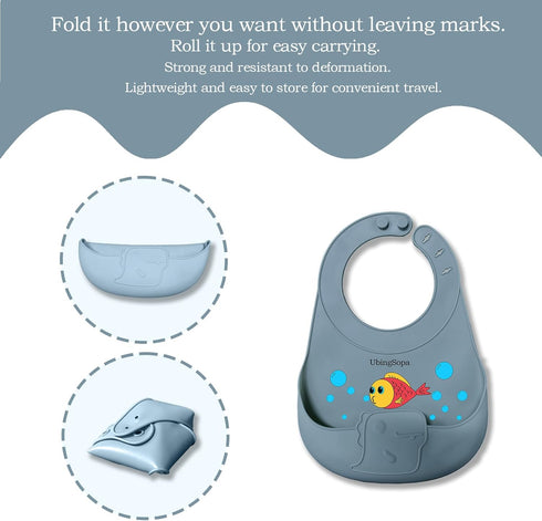 Silicone Baby Bibs Adjustable, Soft, Waterproof & Durable, with Large Food-Catching Pocket, Feeding-Friendly