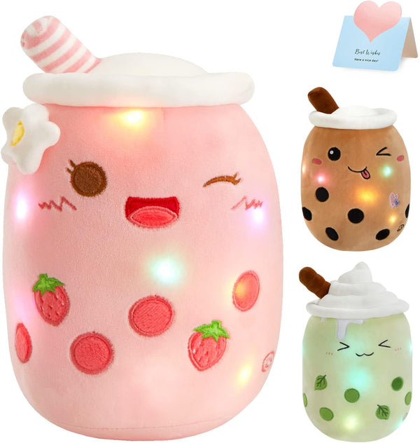 Athoinsu Light Up Strawberry Tea Soft Plush Pillow, 10'' Kawaii Stuffed Bubble Animal Toy with LED Lights