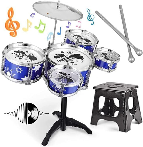 Beenavee Kids Drum Set,Jazz Drum Musical Toys, 5 Drum with Stool Mini Band