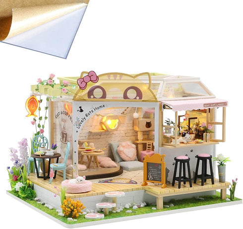 WonDerfulC Cat Cafe Wooden Miniature Dollhouse Kit DIY Pet Coffee Shop with Furniture, LED Light