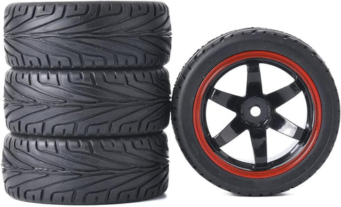 4PCS Black/Red RC Car Rubber Tires and Plastic Wheels Rims for 1/10 Scale On Road Touring Racing Flat Drift Car