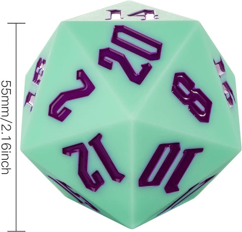Large D20 Single 20 Sided DND Dice - 55mm Silicone D20 with Gift Box for RPG Games (Green/Purple)