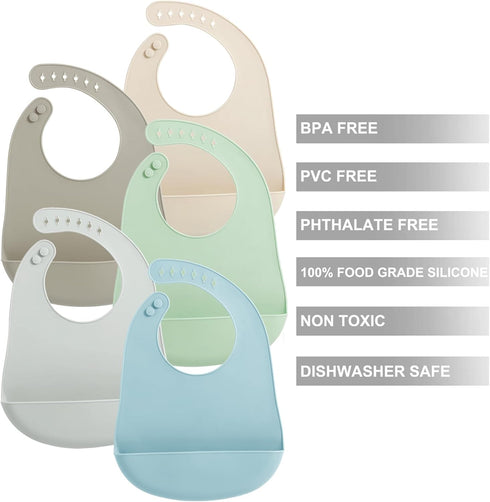 5 Pack PandaEar Waterproof Silicone Baby Bibs| Super Thin Light Weight Feeding Bib with Food Catcher Pocket for Toddler