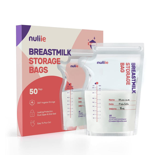Nuliie 50 Pcs Breastmilk Storage Bags, 8 OZ BPA-Free Bags with Pour Spout for Breastfeeding, Self-Standing