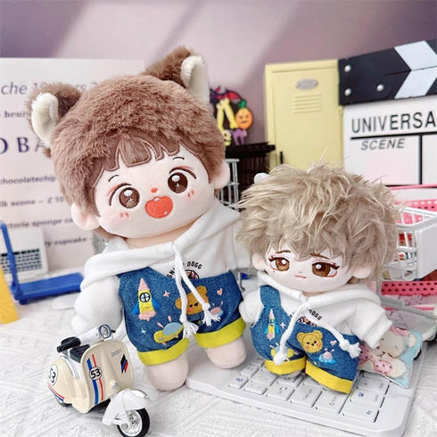niannyyhouse White Hoodie One Shoulder Denim Strap Pants 10cm~15cm 20cm 40cm Plush Doll Outfit Dolls Dress Up Accessories (White 10cm~15cm)