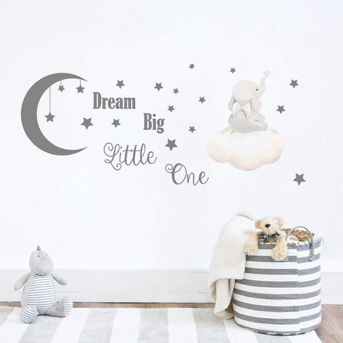 Runtoo Dream Big Little One Wall Decals, Elephant Inspirational Quotes Kids Wall Stickers for Nursery, Bedroom,