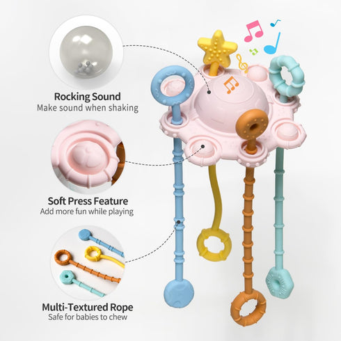 Montessori Toys Pull String Toys for Baby - 100% Food Grade Silicone with Built-in Rattle Function (Pink)
