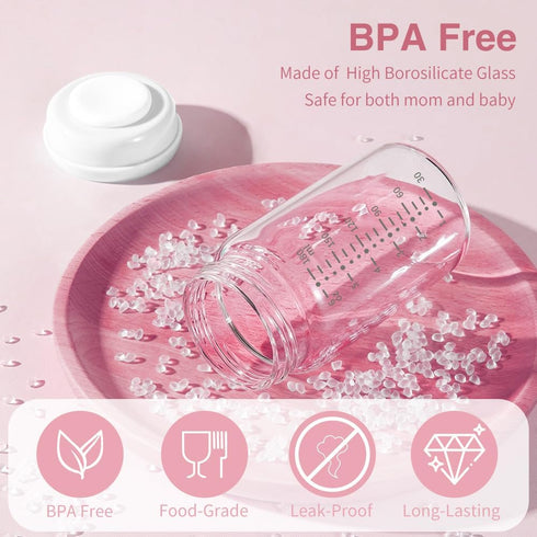 Momlacto 4 Pack, 6oz/180ml, S1 S2 9 Glass Breast Milk Collection and Storage Bottles, Wide Neck, Compatible