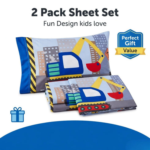 Set Set Everyday Kids Toddler Fitted Sheet and Pillowcase -Under Construction- Soft Breathable Microfiber Toddler Sheet